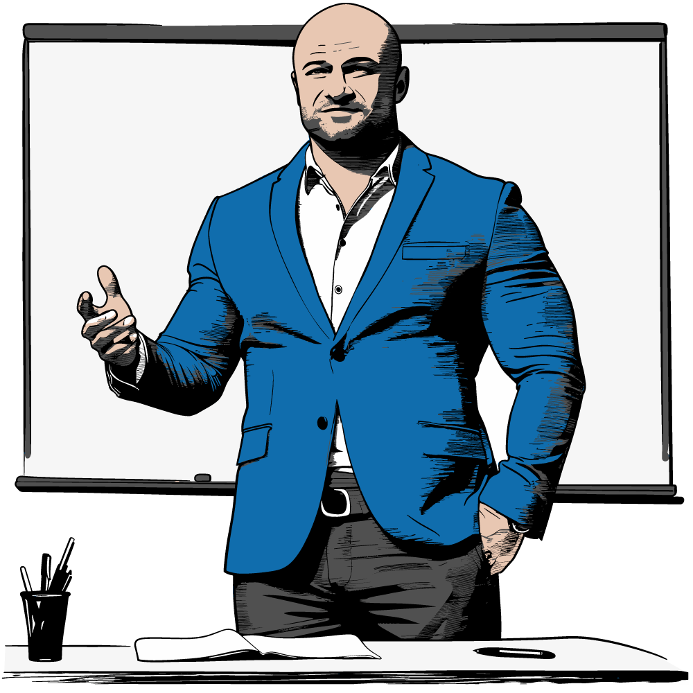 Illustration von Mag. Alexander Stankovsky MBA, der vor einer weißen Tafel steht auf der die beiden nächsten Logos dargestellt sind und eine Hand zur Erklärung hebt.