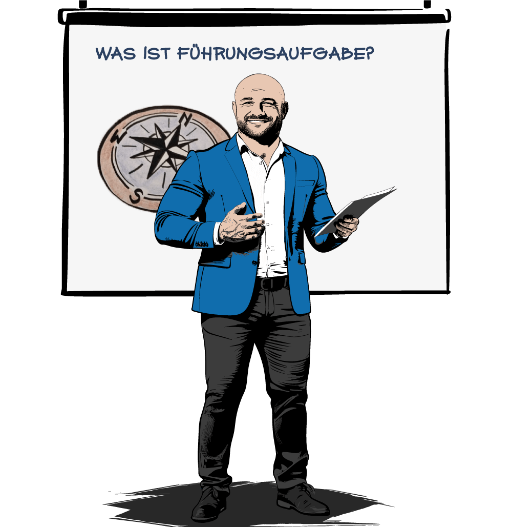 Illustration von Mag. Alexander Stankovsky MBA, der eine Präsentation über Führungsaufgaben gibt, während er vor einem Whiteboard mit einem Kompassbild steht.